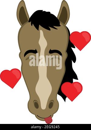 Vector emoticon illustration cartoon of a horse´s head with an expression of joy, in love surrounded by hearts Stock Vector