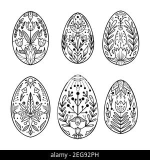 Set of outline Easter eggs with folk pattern. Festive treat with tribal ornaments. Spring religious holiday. Contour objects with a natural tracery fo Stock Vector