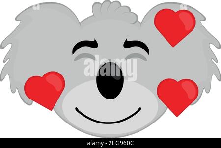 Vector emoticon illustration cartoon of a koala´s head with an expression of joy, in love surrounded by hearts Stock Vector