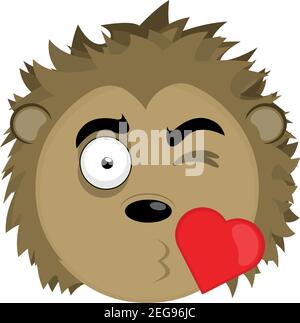 Vector emoticon illustration cartoon of a porcupine´s head with an expression of love giving a heart-shaped kiss Stock Vector