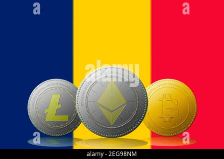 3D illustration Litecoin Ethereum Bitcoin cryptocurrency with Romania flag on background. Stock Photo