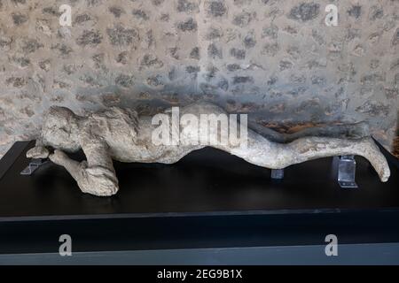 Cast of a woman in Pompeii, victim of Mount Vesuvius eruption in AD 79, Pompei, Italy Stock Photo