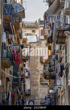 City of Naples in Italy, aged houses in the Spanish Quarter, old neighborhood of Napoli Stock Photo