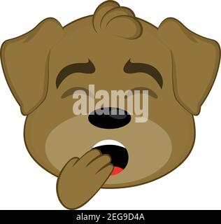 Vector emoticon illustration cartoon of a dog´s head with a tired expression, yawning, covering his mouth with his hand Stock Vector