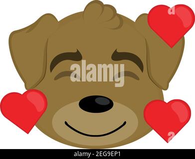 Vector illustration of an emoticon of the head of a cartoon dog, with an expression and emotion of joy and love, surrounded by shapes of hearts Stock Vector