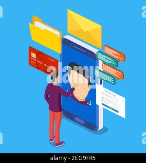 Biometric identification or Facial recognition system concept. Can use for web banner, infographics. Vector illustration in flat style Stock Vector