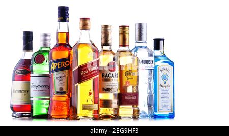POZNAN, POL - OCT 30, 2020: Bottles of assorted global hard  liquor brands including whiskey, vodka, tequila and gin