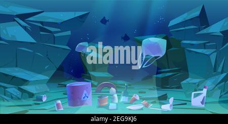 Plastic garbage on ocean bottom. Sea floor with different kinds of trash. Toxic wastes in barrel, bags floating in water. Ecology protection, underwater pollution concept, Cartoon vector illustration Stock Vector
