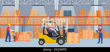 Warehouse interior with cardboard boxes on metal racks. Warehouse interior with goods, pallet trucks, forklift truck and container package boxes. Vect Stock Vector