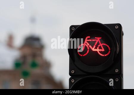 Sustainable transport. Bicycle traffic signal, red light, stop sign, road bike, free bike zone or area, bike sharing, close up