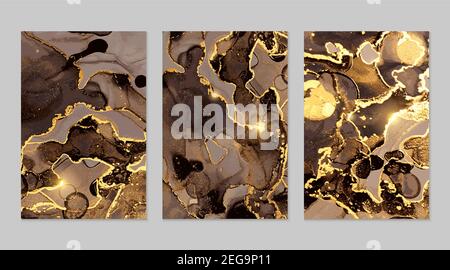 Set of gold and black posters with geode. Marble abstract pattern. Alcohol ink technique stone texture. Vector background. Modern paint with glitter. Stock Vector