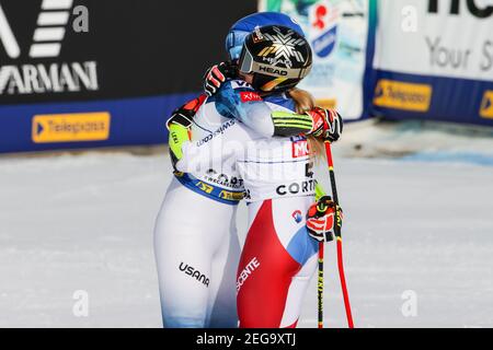 2/18/2021 - Lara GUT-BEHRAMI (SUI) and Mikaela SHIFFRIN (USA) during 2021 FIS Alpine World SKI Championships - Giant Slalom - Women, alpine ski race in Cortina (BL), Italy, February 18 2021 (Photo by IPA/Sipa USA) Stock Photo