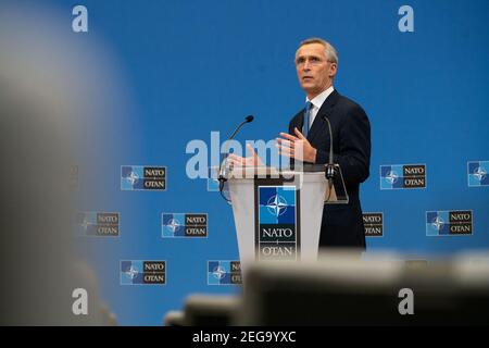 Brussels, Belgium. 18th Feb, 2021.  The North Atlantic Treaty Organization (NATO) Secretary General Jens Stoltenberg addresses an online press conference at the NATO headquarters in Brussels, Belgium, Feb. 17, 2021. A two-day video conference of NATO defense ministers started from Wednesday. (NATO/Handout via Xinhua) Stock Photo