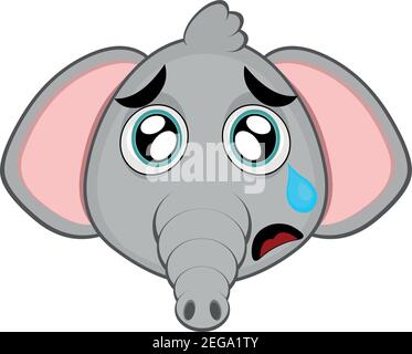 Vector emoticon illustration cartoon of an elephant´s head with a sad expression and crying with a tear falling from its eye over its cheek Stock Vector