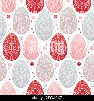 Seamless festive pattern with eggs and folk ornaments in row. Wallpaper with Easter treat. Wrapping paper with eggs with natural flower decoration. Mu Stock Vector