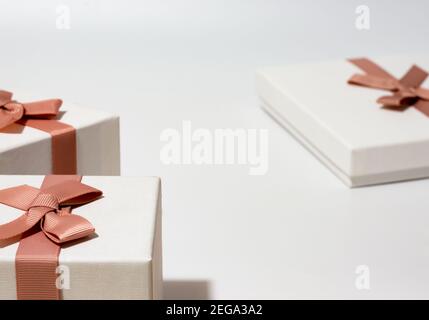 three white gift boxes on empty white background Stock Photo