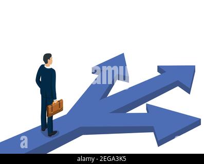 Choice way concept 3d isometric. Businessman before choosing. Crossroads arrows. Decide direction. Human standing choice of ways. Vector illustration Stock Vector