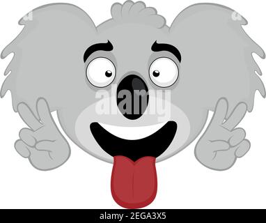 Vector emoticon illustration of the head of a cartoon koala with a happy expression and making a gesture of love and peace with his hands Stock Vector