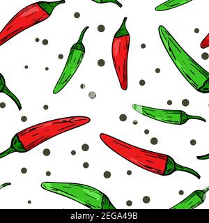 Seamless repeating pattern with chili peppers. Vector red and green peppers scattered. Bright background for kitchen design. Freehand drawing. Stock Vector