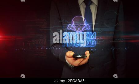 System Hacked warning concept with skull symbol, cyber attack alert, danger and computer security breach icon. Futuristic abstract 3d rendering illust Stock Photo