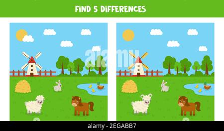 Find five differences between pictures. Farmland landscape with animals. Stock Vector