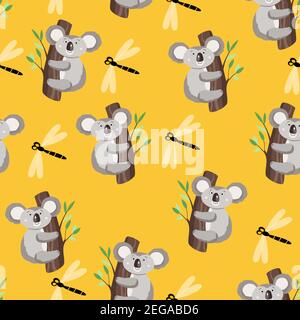 Seamless pattern with cute koala baby and dragonfly on color background. Funny australian animals. Card, postcards for kids. Flat vector illustration Stock Vector