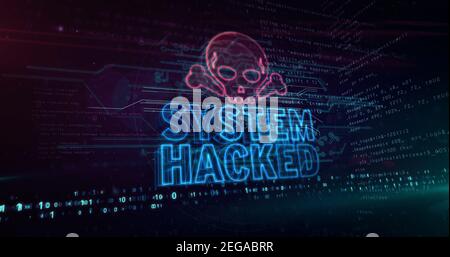 System Hacked warning concept with skull symbol, cyber attack alert, danger and computer security breach icon. Futuristic abstract 3d rendering illust Stock Photo