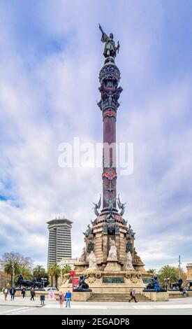 4 March 2020: Barcelona, Spain - The Columbus Monument on the seafront in Barcelona, Catalonia, Spain. Stock Photo