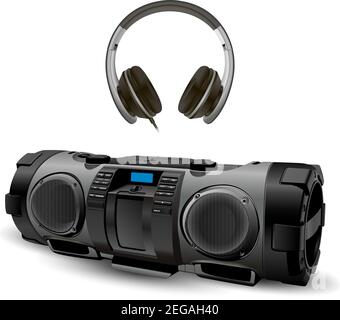Modern Stereo Recorder Boombox with Head Phone Set. 3d Vector Mockup of Black Earphone and Electronic Hifi Audio. Headphone Illusdtrationwith Stereo S Stock Vector