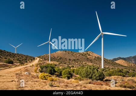 Wind farm, Hoffman Summit, view from Jawbone Canyon Road, Jawbone–Butterbredt Area of Critical Environmental Concern, Sierra Nevada, California, USA Stock Photo