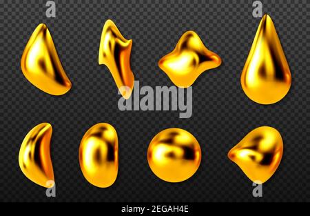 Liquid gold drops, golden 3d abstract drips of paint, cosmetics oil or collagen capsules of different shapes, metallic texture isolated on transparent background, Realistic vector illustration, set Stock Vector