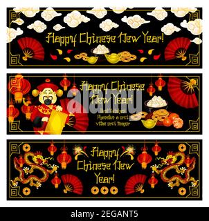 Happy Chinese New Year greeting banners for traditional lunar holiday celebration. Vector Chinese symbols and decorations of golden coins, dragons and Stock Vector