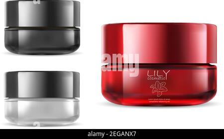 Glass Cosmetic Jar. Red Cream Jar Blank Mock Up Isolated on White Background. ClearCosmetic Bottle for Gel, Lotion. Sunscreen Cream or Butter Package Stock Vector