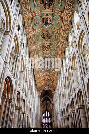 Beautiful carved and painted wooden ceiling of Ely Cathedral in Ely, Cambridgeshire, England Stock Photo