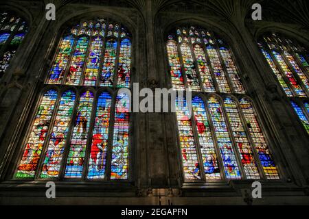 Kings College Chapel Interior; Stained Glass windows,   Cambridge UK Stock Photo