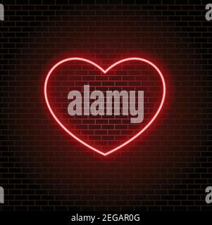 Bright neon light. Red neon heart vector illustration on dark brick wall. Glowing heart. Stock Vector