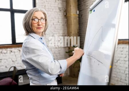 Headshot of confident senior grey-haired female teacher with a flip chart. A mature elderly businessman is writing on the whiteboard, aged tutor Stock Photo
