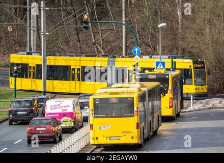 Trams of the Ruhrbahn, at the S-Bahn station Essen-Steele, interface between rail transport, Nordwestbahn and tram and bus lines, in Essen, NRW, Germa Stock Photo