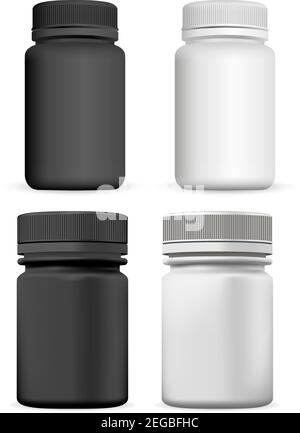 Supplement Bottle. Vector Pill Jar Mockup Design, Isolated on White. Black and White Aspirin Capsule Container Blank Template. Empty Medicine Can For Stock Vector