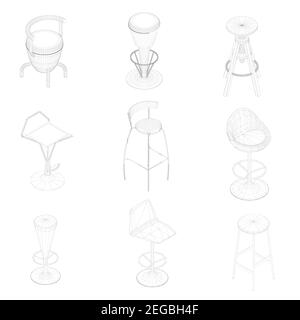 Set with frame chairs and armchairs isolated on white background. 3D. Isometric view. Vector illustration. Stock Vector