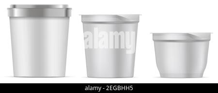 Ice cream package. White Tub mockup. Food bucket 3d blank. Paper or plastic yoghurt cup. Round tray with lid. Realistic popcorn jar concept. Snack or Stock Vector