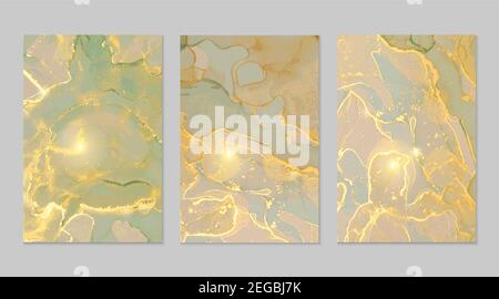 Green, yellow and gold marble abstract background set. Alcohol ink technique vector stone textures. Modern paint in natural colors with glitter. Templ Stock Vector