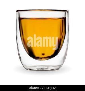 Tea glass isolated. Whiskey drink shot. Bourbon or rom in transparent glass. Coffee cup with espresso drink. Gold brandy or scotch in a glass. Alcohol Stock Vector