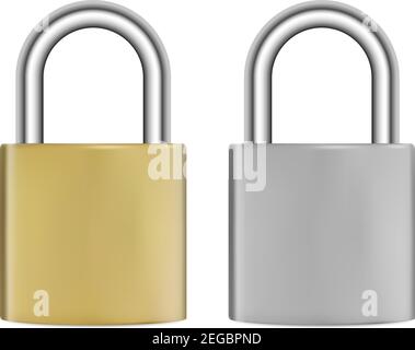 Lock isolated. Realistic silver metal padlock. Golden steel hook secure mechanism in positionlock. Vector illustration. Privacy access protection with Stock Vector