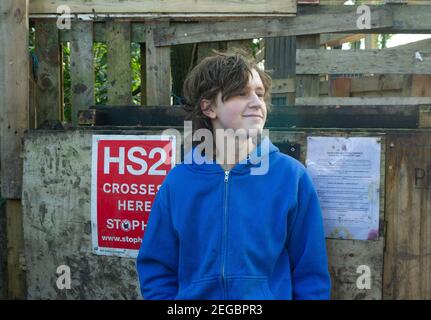 Buckinghamshire, UK. 18th February, 2021. Glad to be back in the daylight, anti High Speed Rail HS2 activist, Rory Hooper has been protesting in a tunnel underneath Euston Square Gardens and left voluntarily yesterday. Meanwhile his Dad veteran eco activist Daniel Hooper known as Swampy, remains in the tunnel underneath Euston with other anti HS2 activists who are trying to stop the controversial High Speed Rail 2 rail link from London to Birmingham. HS2 are destroying ancient woodlands and wildlife habitats along the route. Credit: Maureen McLean/Alamy Live News Stock Photo