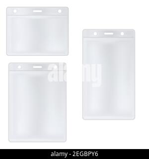 White badge vector mock up. Id card Lanyard holder template. Accreditation tag sachet. Employee identity pass blank. Realistic exhibitor event plastic Stock Vector
