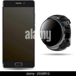 Smart Phone and Smartwatch. Black Mobile Mockup Teplate. Realistic Device Design of Cellular Phone and Modern Digital Wirst Watch with Touch Display T Stock Vector