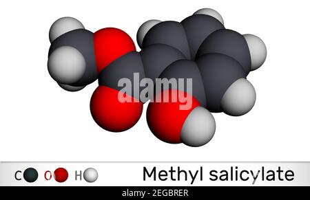 Methyl salicylate, wintergreen oil molecule. It is methyl ester of salicylic acid, flavouring agent, metabolite, insect attractant. Molecular model. 3 Stock Photo