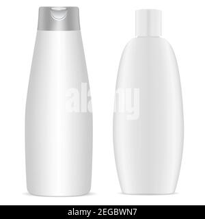 Shampoo bottle. White plastic cosmetic bottles blank, 3d mockup template. Body gel package collection. Round packaging for bath product. Milk or soap Stock Vector