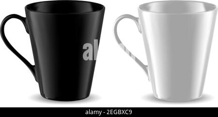 Cup Mockup. Black and White Mug Template Isolated. Coffee or Tea Ceramic Porcelain. Classic Office Label or Brand Presentation on White Background. Ph Stock Vector